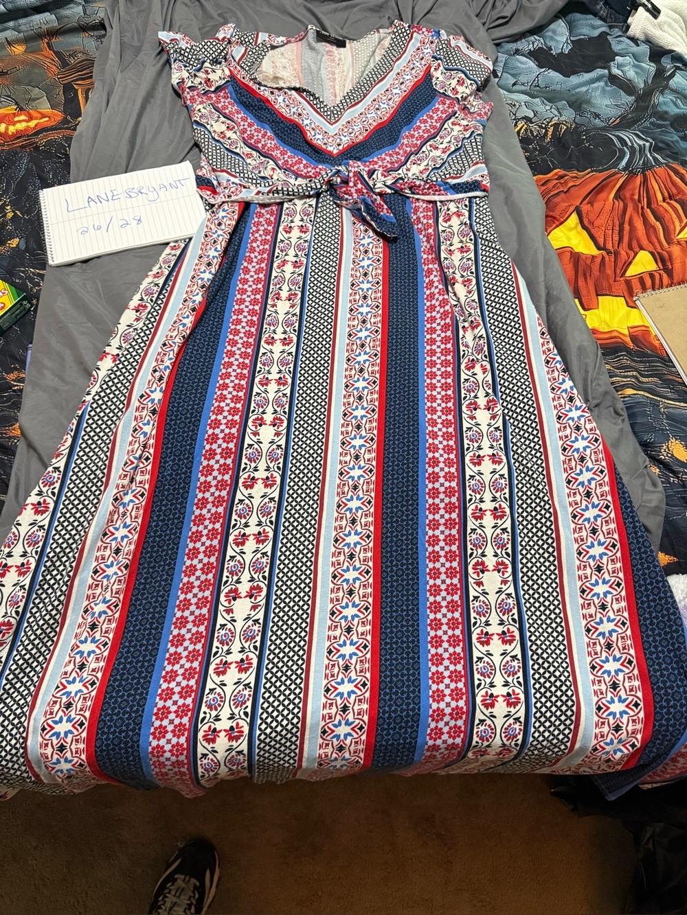 Striped Floral V-Neck Midi Dress with Tie Waist - Red/Blue/White